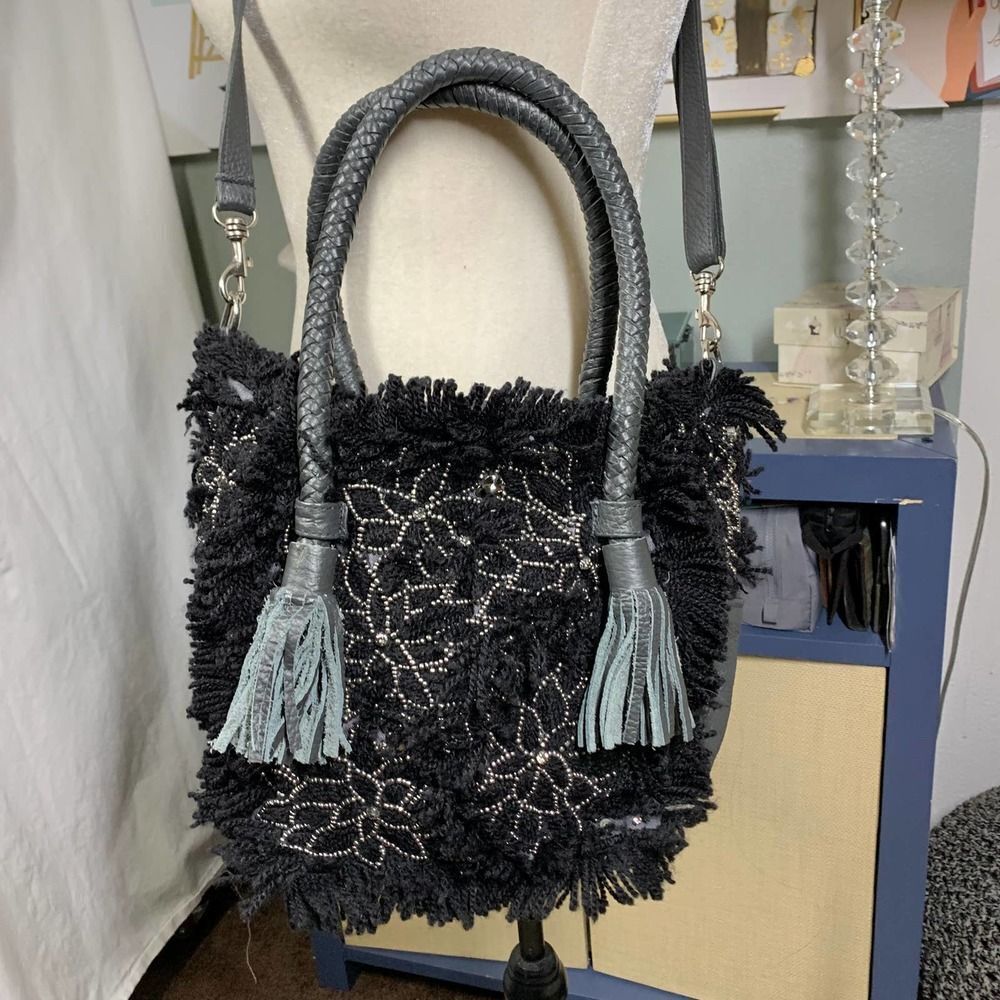 IBBAN handmade boho Wool leather crossbody bag gray black - Picture 2 of 10